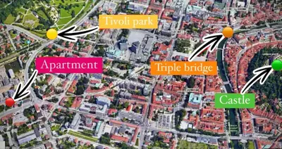 a map of a city with different buildings at Centralish Dragon Heart Ljubljana in Ljubljana