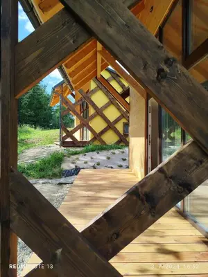 a view from the inside of a wooden building at Apartments Kr'Bee in Mala Nedelja