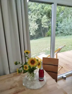 a vase of flowers on a table in front of a window at Apartments Kr'Bee in Mala Nedelja