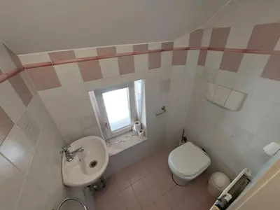 a bathroom with a sink and a toilet and a window at ROSE house - greenline accomodations in Ljubljana