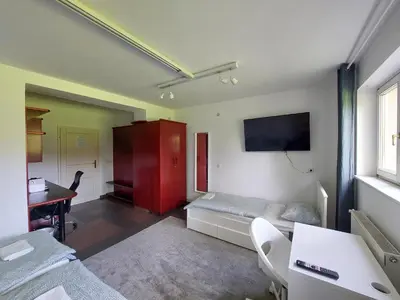 a room with a bed and a desk and a tv at ROSE house - greenline accomodations in Ljubljana