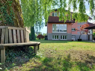 a wooden bench sitting next to a tree in front of a house at ROSE house - greenline accomodations in Ljubljana