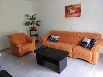 an orange couch and a chair in a living room at Apartma Ginga in Osilnica