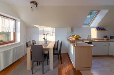 a kitchen and dining room with a table and chairs at Fine Stay Apartments in Žirovnica