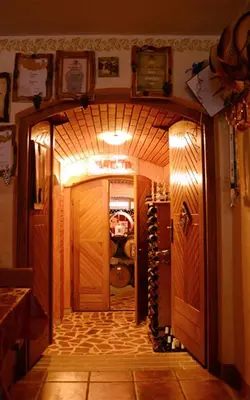 a hallway of a wine cellar with a door open at Apartma Medvedjek in Velika Loka
