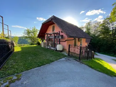 a small pink house with a gate in the grass at Apartma Medvedjek in Velika Loka