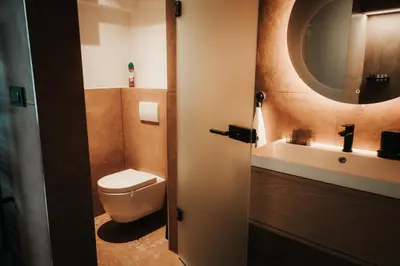 a bathroom with a toilet and a sink at Luxury Residence Metlika in Metlika