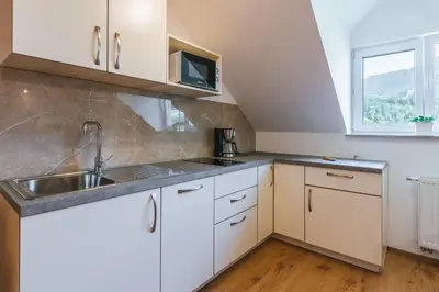 a kitchen with white cabinets and a sink and a window at Pogacar Apartments in Bled