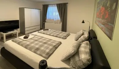 a bedroom with two beds and a television in it at Roses Apartment Prijeten apartma za dve osebi in Mengeš