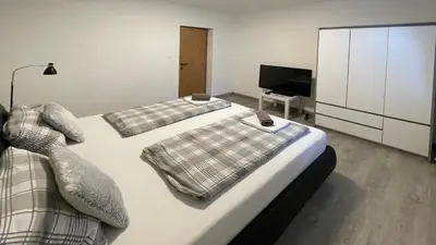 a bedroom with two beds and a television in it at Roses Apartment Prijeten apartma za dve osebi in Mengeš