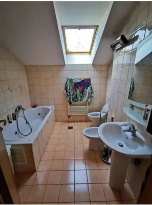 a bathroom with a sink and a tub and a toilet at Morning sunshine in Bled