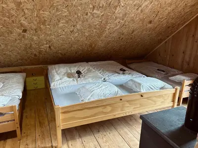 a bedroom with two beds in a wooden room at Somova gora chalet in the woods in Kočevje