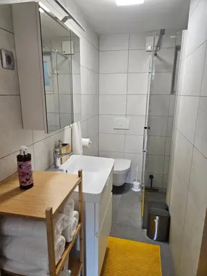 a bathroom with a sink and a mirror and a tub at Red Riding Hood in Ljubljana