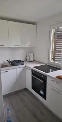 a kitchen with white cabinets and a sink and a stove at Hiška 111 s kopalnimi kartami in Brežice