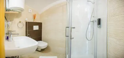 a bathroom with a shower and a sink and a toilet at Hotel Šiška in Ljubljana