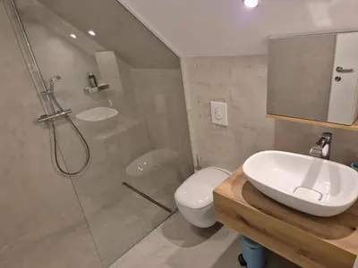a bathroom with a shower and a toilet and a sink at Hiša Oblak in Gozd Martuljek