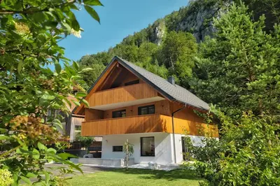 a wooden house with a mountain in the background at Hiša Oblak in Gozd Martuljek