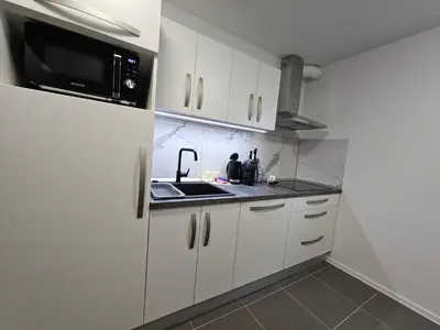 a kitchen with white cabinets and a sink and a microwave at Zeleni Biser -Terme Čatež in Čatež ob Savi
