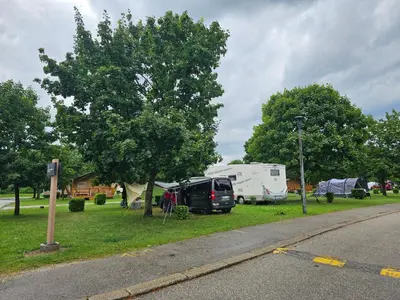 a campsite with a van parked next to a tree at Zeleni Biser -Terme Čatež in Čatež ob Savi