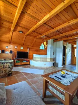 a large living room with a wooden ceiling at Holiday home in Dolenjske Toplice - Kranjska (Krain) 51092 in Dolenjske Toplice