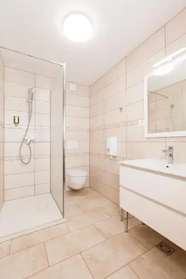 a bathroom with a shower and a sink and a toilet at Turistična kmetija Pri Marku in Žabnica