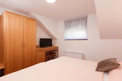 a bedroom with a bed and a desk with a television at Turistična kmetija Pri Marku in Žabnica