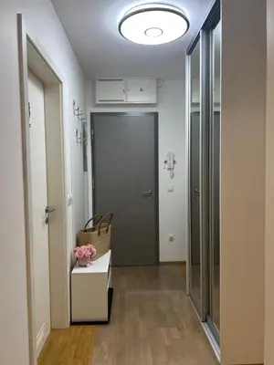 a hallway with a door and a bench with a plant at Apartment Anaa in Radovljica