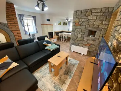 a living room with a black couch and a stone fireplace at Vineyard Cottage Joanna in Mirna Peč
