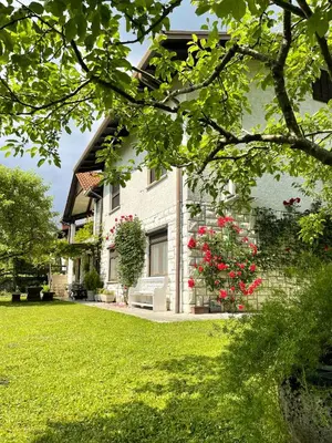 a white house with a bench in the yard at Apartma Savan in Tolmin