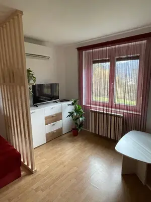 a living room with a tv and a table and two windows at Apartma Savan in Tolmin