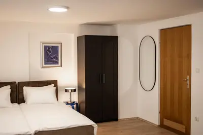 a bedroom with a bed and a mirror at Brodnik Apartment in Trbonje