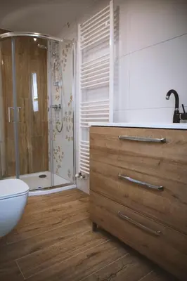 a bathroom with a wooden dresser and a shower at 4 Sheeps Apartments in Bovec