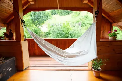 a hammock on a porch of a cabin at Apartment Etjan in Zgornje Gorje