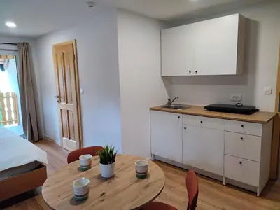 a room with a table and a kitchen and a bed at Slovenian House Mira in Zgornje Gorje