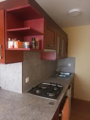a kitchen with wooden cabinets and a stove top oven at apartma Grad in Motnik