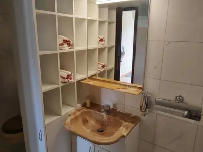 a bathroom with a sink and a mirror at apartma Grad in Motnik