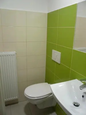 a green bathroom with a toilet and a sink at Hostel Vrba in Ljubljana