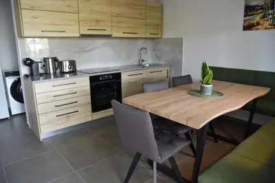 a kitchen with a wooden table with a potted plant on it at Mala Vila Kolpa in Griblje
