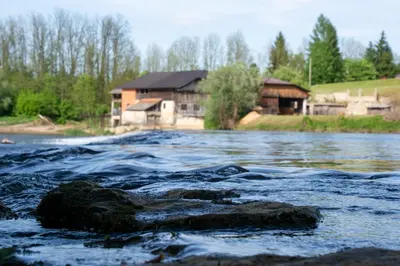 a river with rocks in front of a house at Mala Vila Kolpa in Griblje