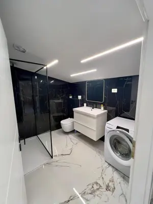a bathroom with a toilet and a sink and a washing machine at APP Krofek in Zgornje Škofije