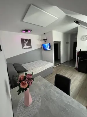 a living room with a table and a bed at ApartmaSLB in Slovenska Bistrica