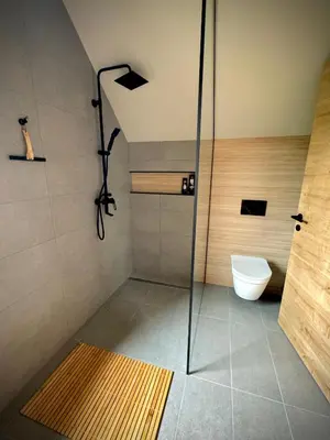a bathroom with a shower and a toilet at Mlino Alpino in Bled