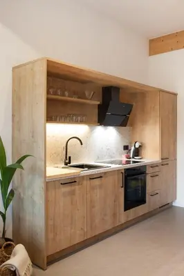 a kitchen with wooden cabinets and a sink at Mlino Alpino in Bled