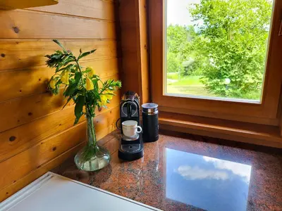 a vase with a plant on a counter with a window at Hillside Cottage in Bled