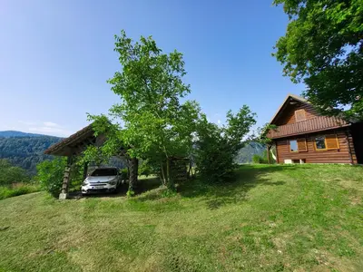a car parked in a yard next to a house at Hillside Cottage in Bled