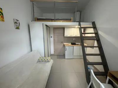 a small apartment with a loft bed and a kitchen at Beerpartment with parking in Ljubljana