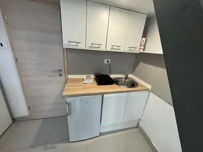 a small kitchen with a sink and white cabinets at Beerpartment with parking in Ljubljana