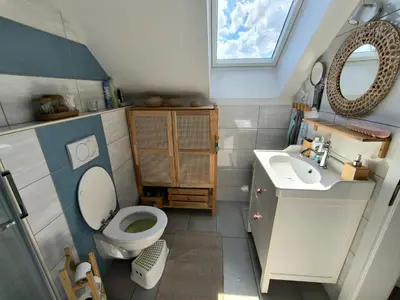 a small bathroom with a toilet and a sink at Glasbeni atelje Tri ptičice in Kranj