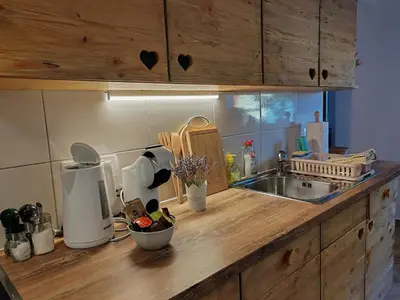 a kitchen with a counter top with a sink and a counter top at Riverdance with mountain view, garden and private parking in Bled