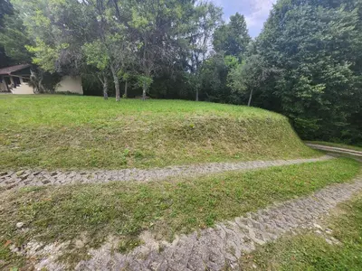 a grassy hill with a house in the background at Hiša Heidi in Zavrč